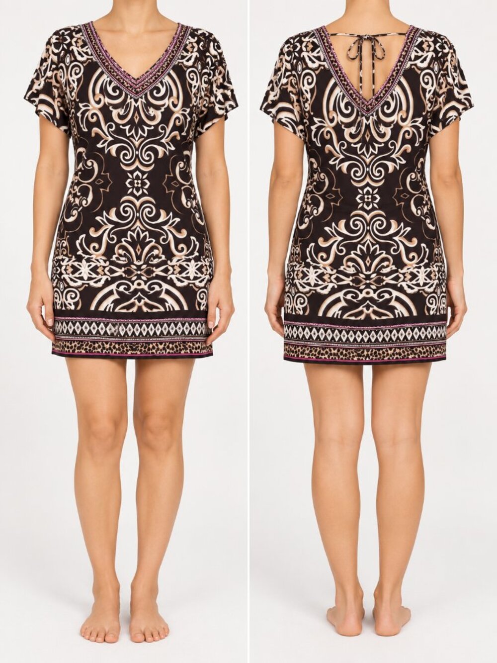 White House Black Market Baroque Print Mini Dress Size S Black Cream Tunic Y2K